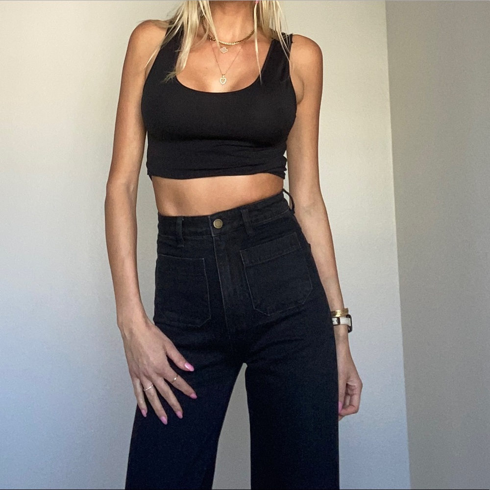 Rolla’s Sailor Jean Long - flare high rise front pocket black jean.